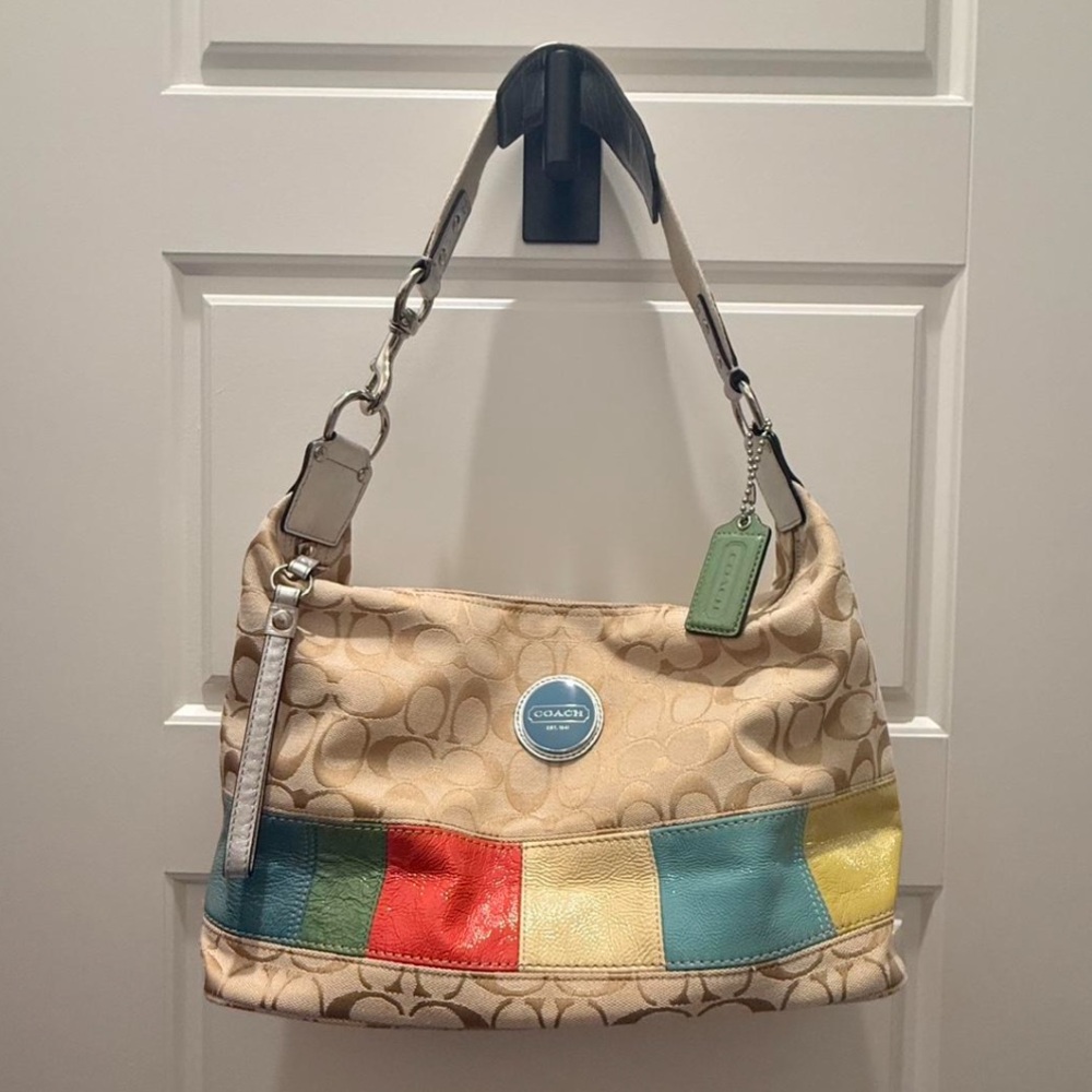 Coach Cream and Green Shoulder Bag with Patchwork Design
